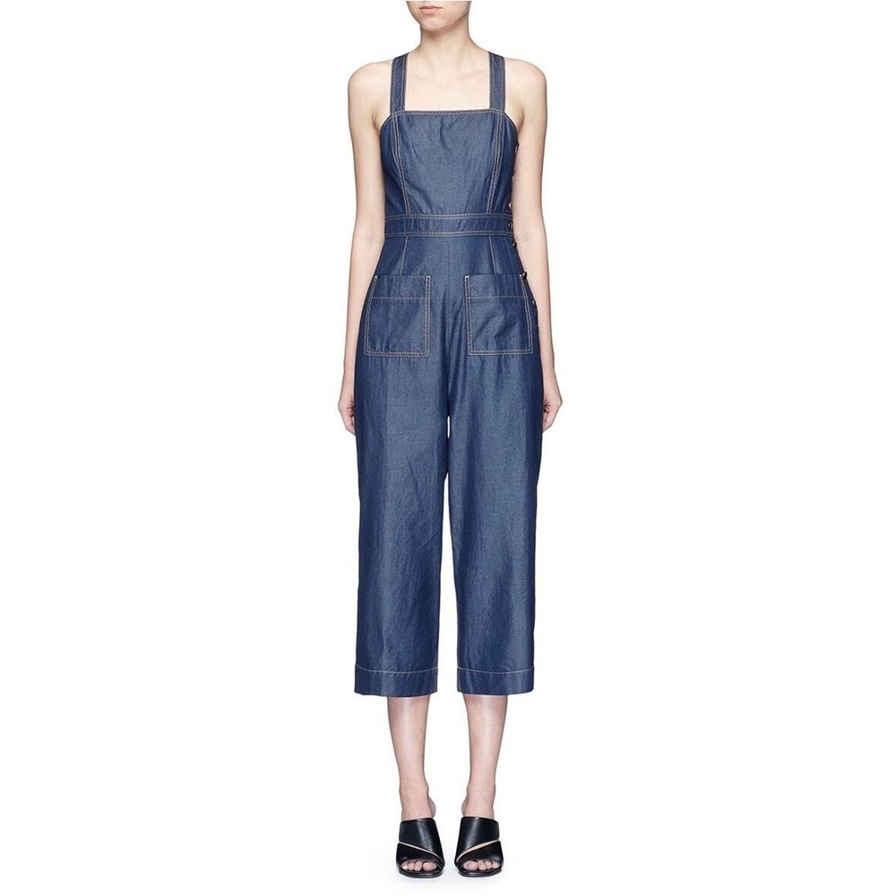 TIBI Neo Washed Cotton Twill Overalls Women 0 Blue Jumpsuit Wide Leg Cropped